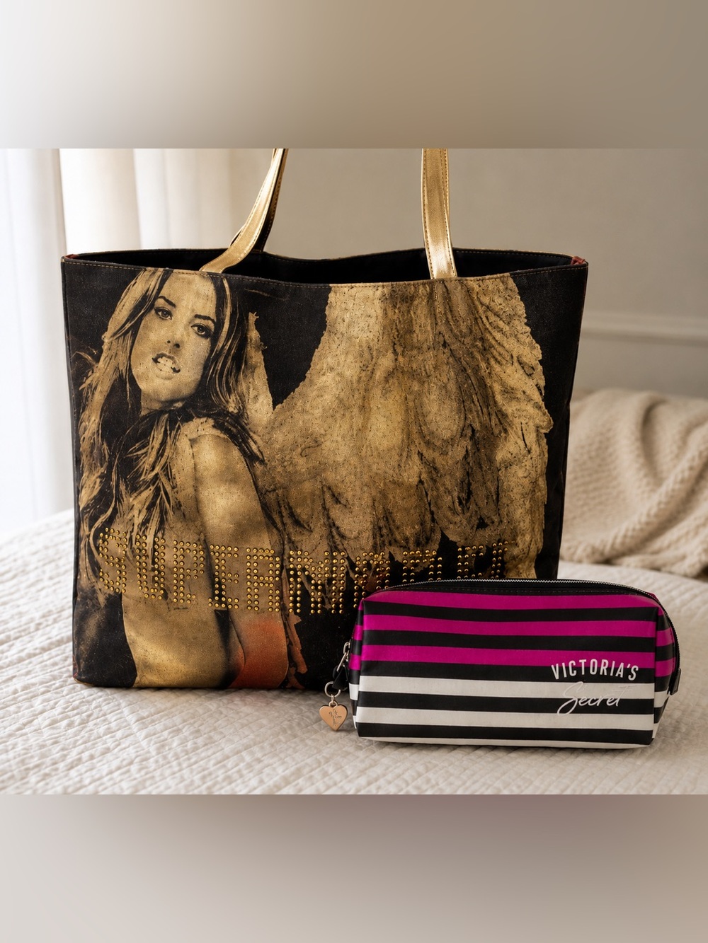 Victoria’s Secret Supermodel Tote Bag & Pink Stripe Cosmetic Makeup Bag Set